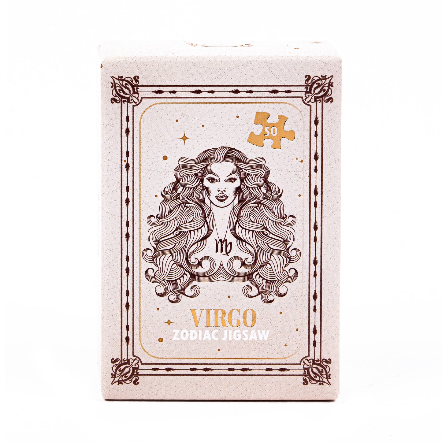 Zodiac-themed jigsaw puzzle box with Virgo design on a white background