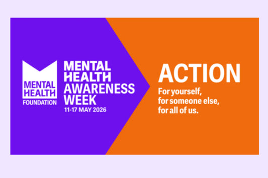 Purple and orange banner with the mental health foundation logo and information text