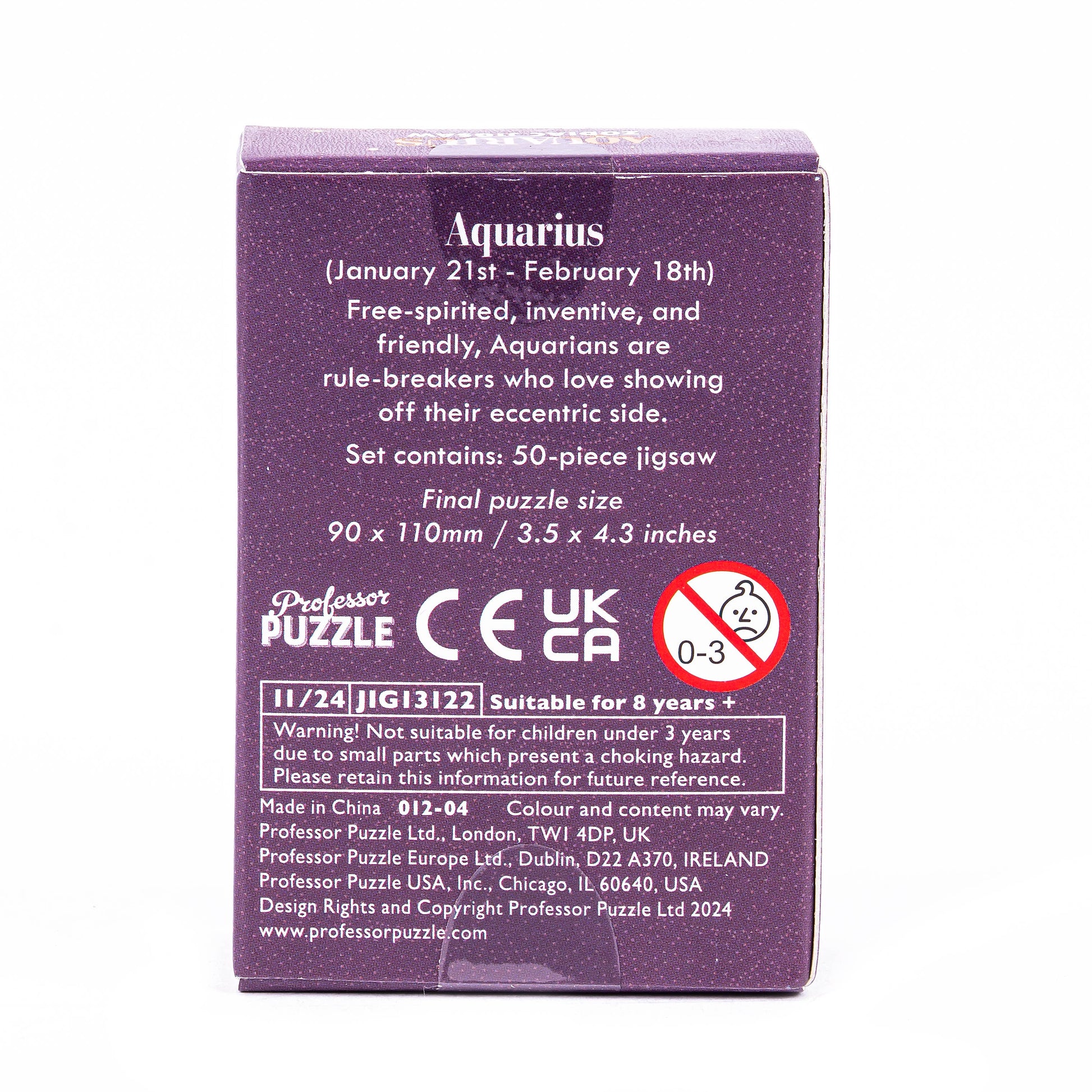 Back of a purple packaging box for a jigsaw puzzle with Aquarius zodiac information. CE and IKCA certified, not suitable for children. 