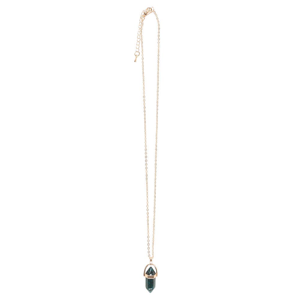Necklace with a green crystal pendant on a white background