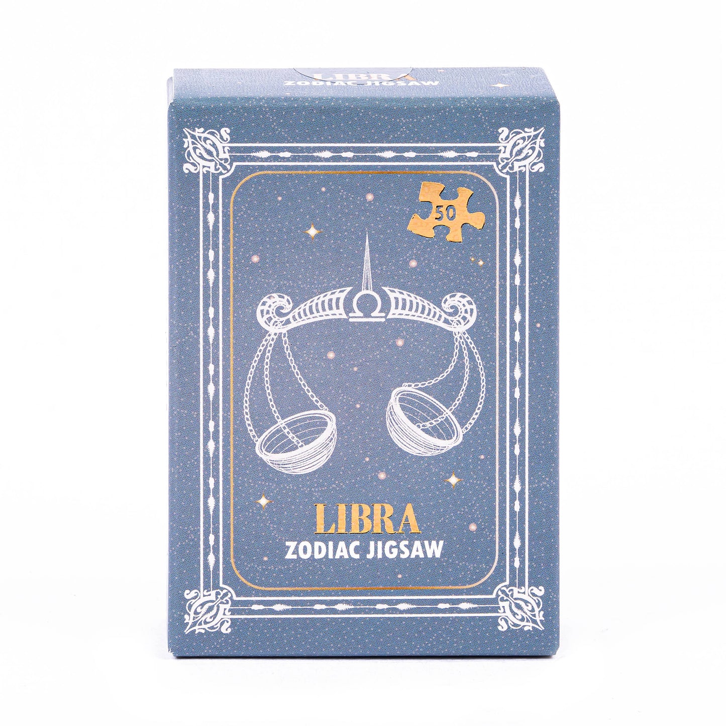 Zodiac Libra jigsaw puzzle box with blue background and white design