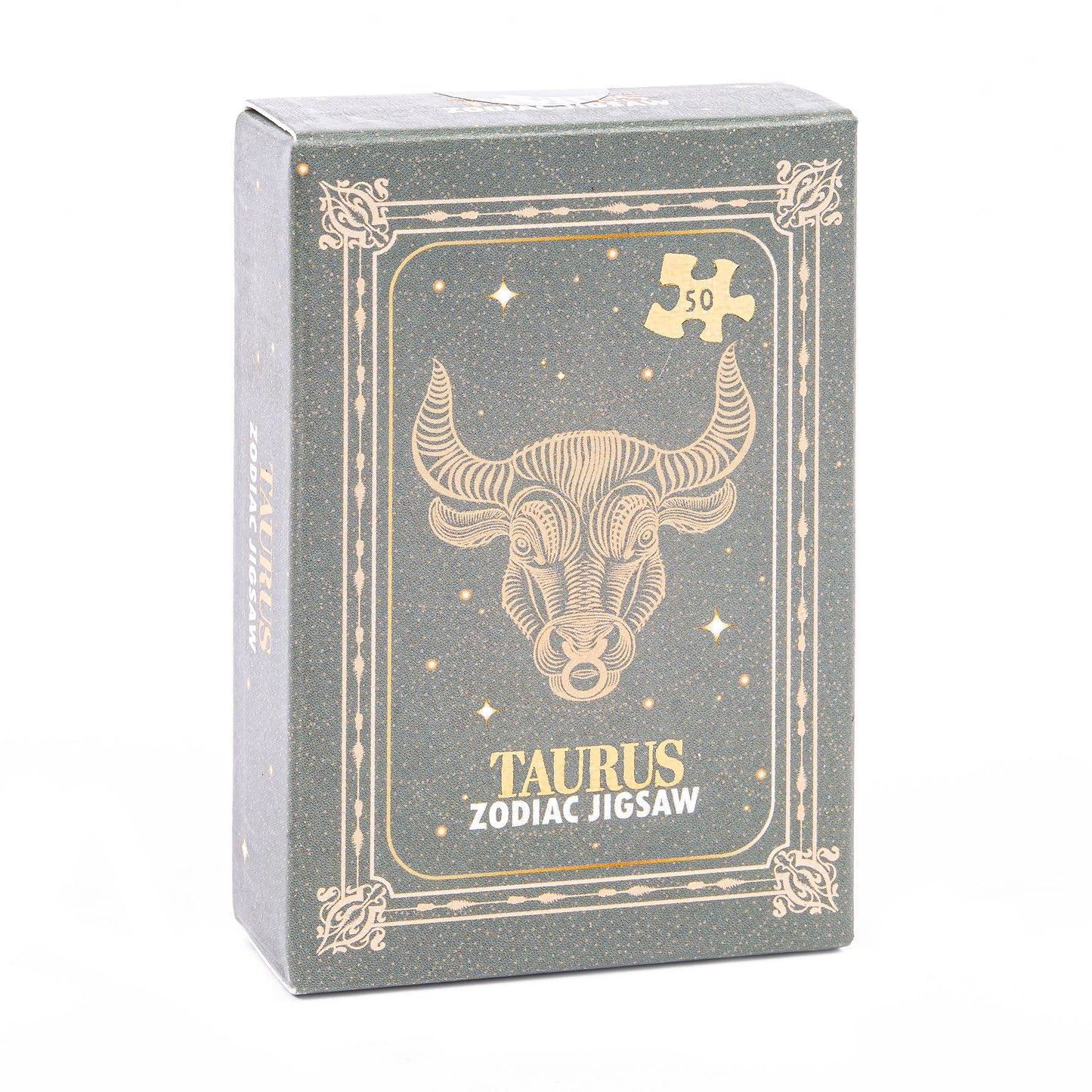 Zodiac Taurus jigsaw puzzle box with bull illustration on a white background