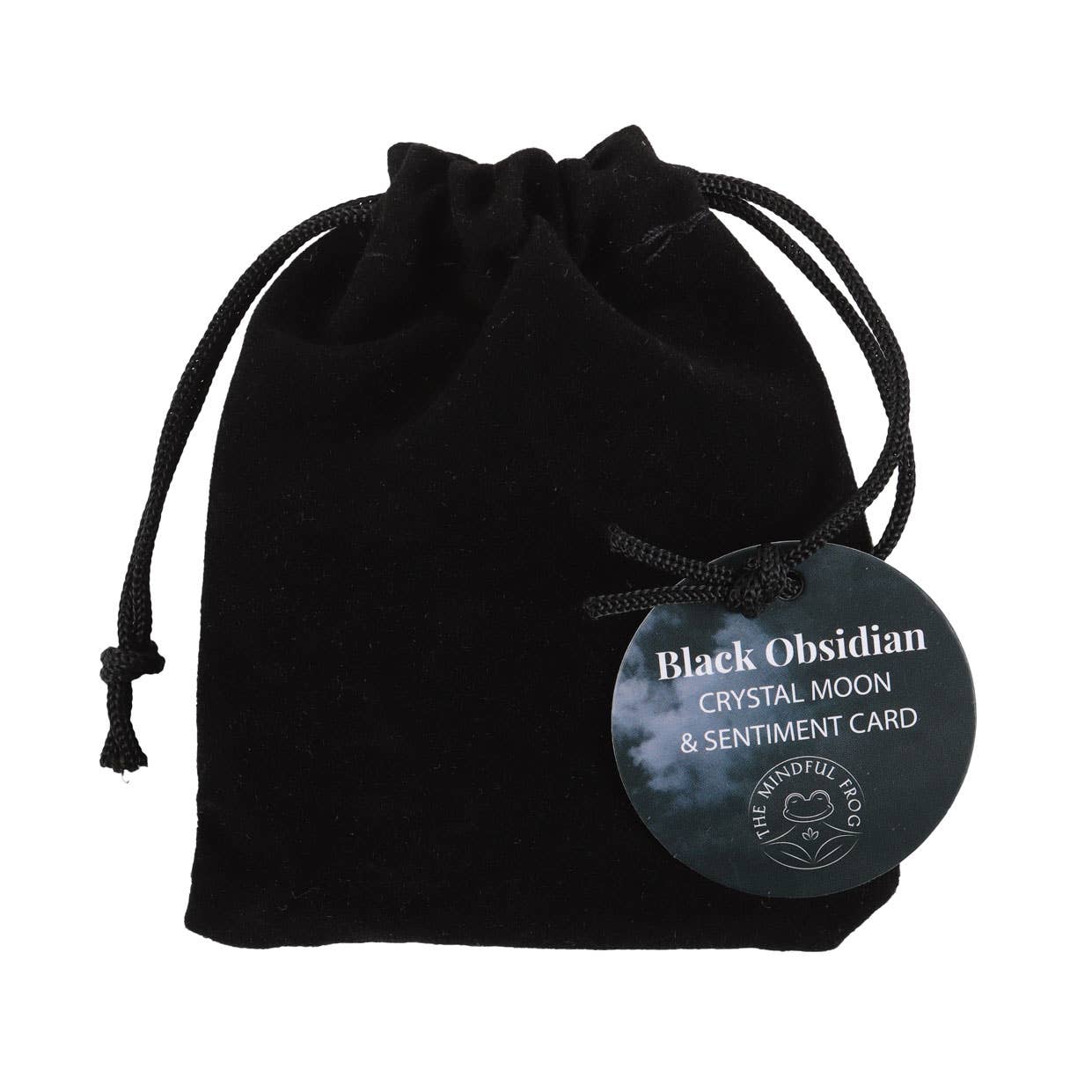 Black drawstring bag with a label on a white background