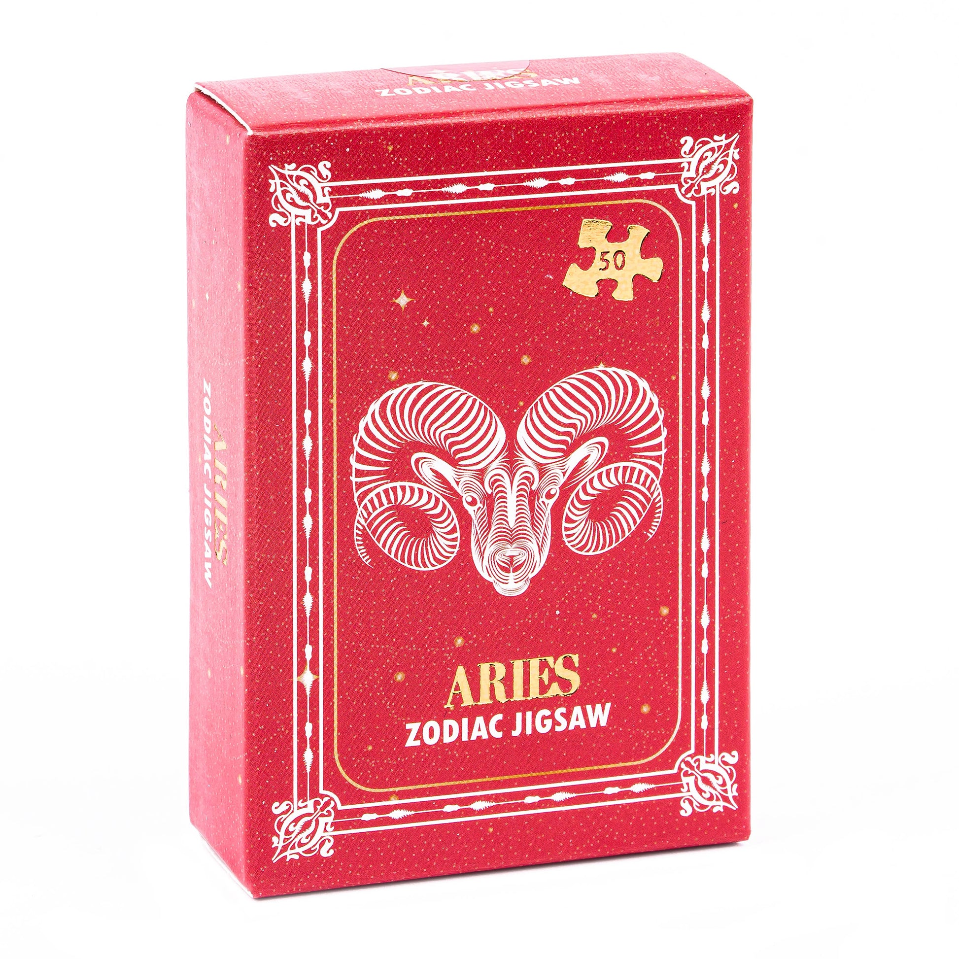 Red packaging box for Aries Zodiac Jigsaw with zodiac symbol on a white background