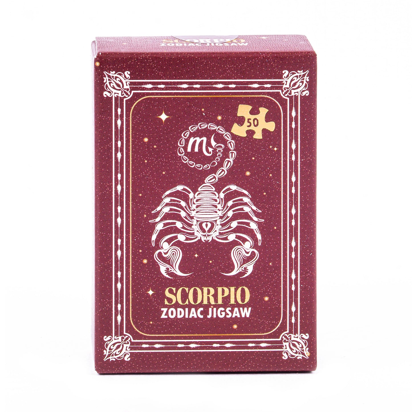 Scorpio zodiac jigsaw packaging with red background and white design