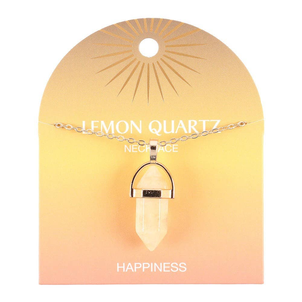 Lemon quartz necklace on a branded card with 'Happiness' text