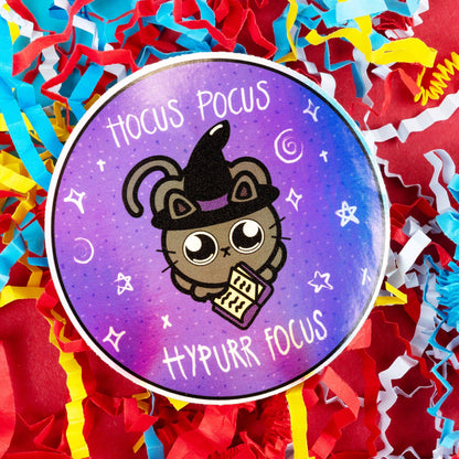 Hocus Pocus Hypurr Focus Holographic Cat Sticker – Neurodivergent Pride
