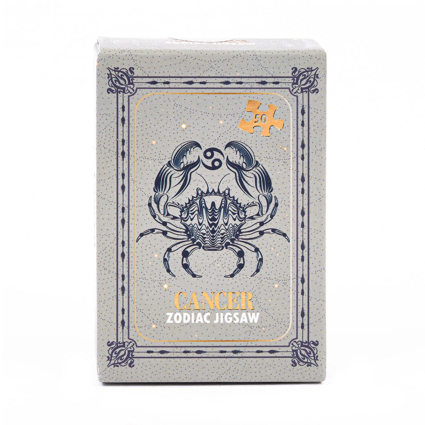 Jigsaw puzzle box with Cancer zodiac symbol on a white background
