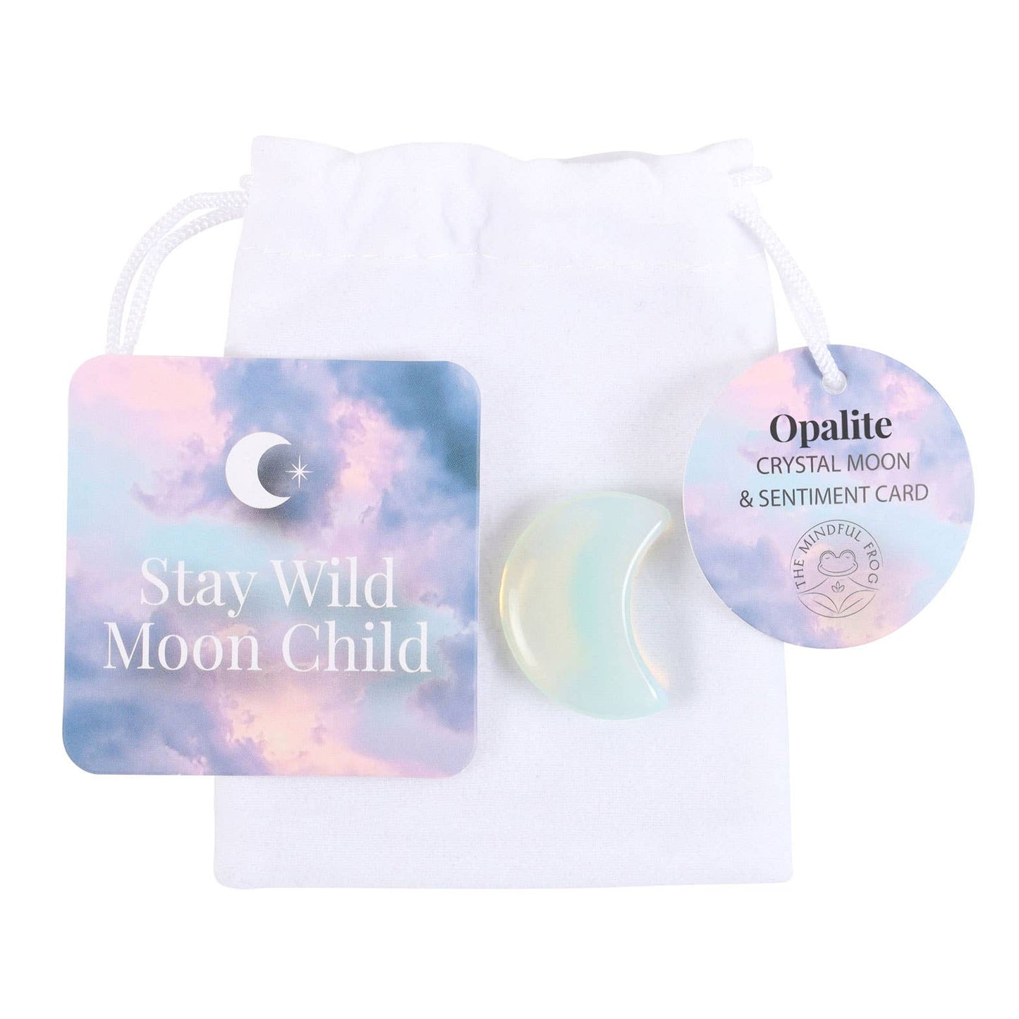 Opalite crystal moon and sentiment card set with 'Stay Wild Moon Child' text on a white background