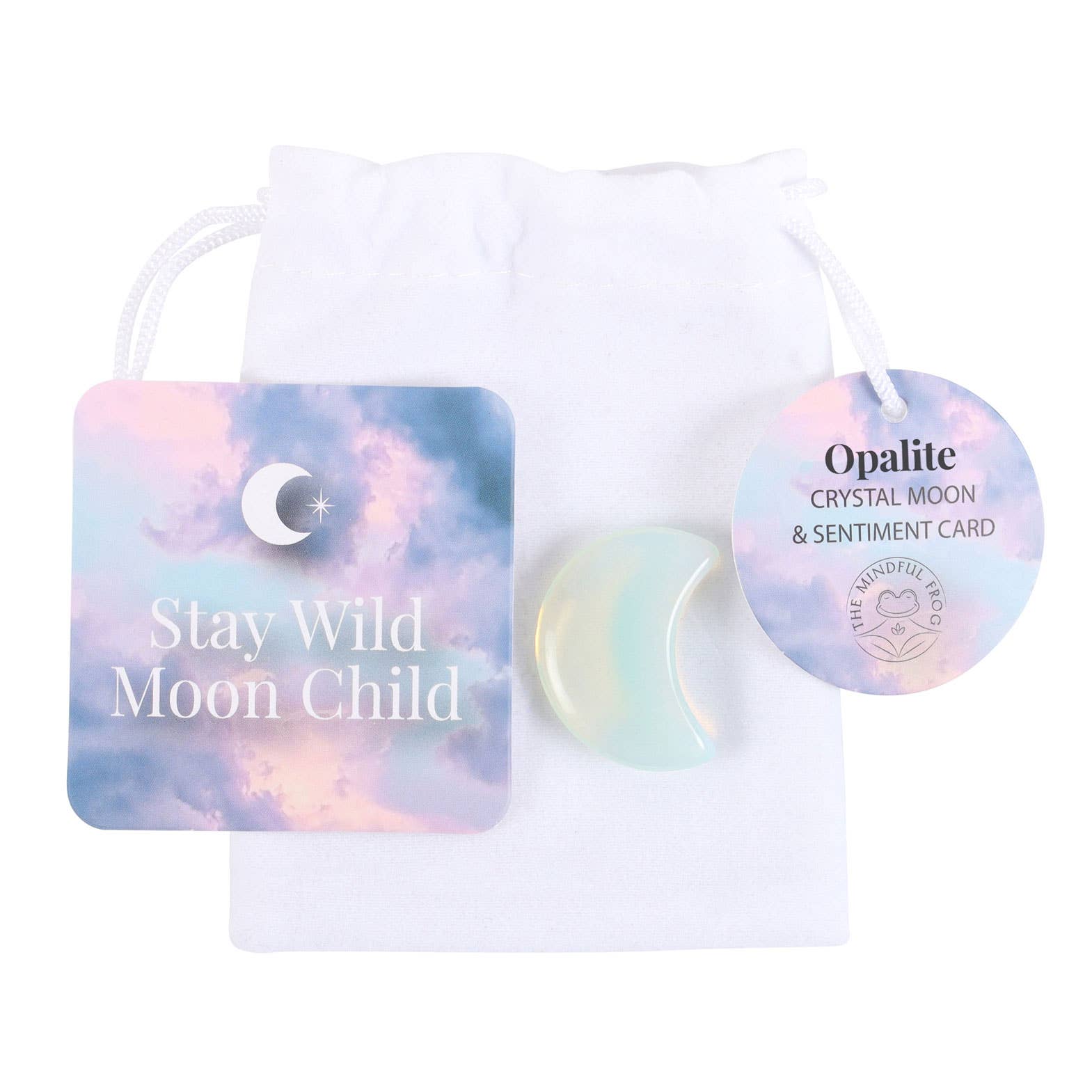 Opalite crystal moon and sentiment card set with 'Stay Wild Moon Child' text on a white background