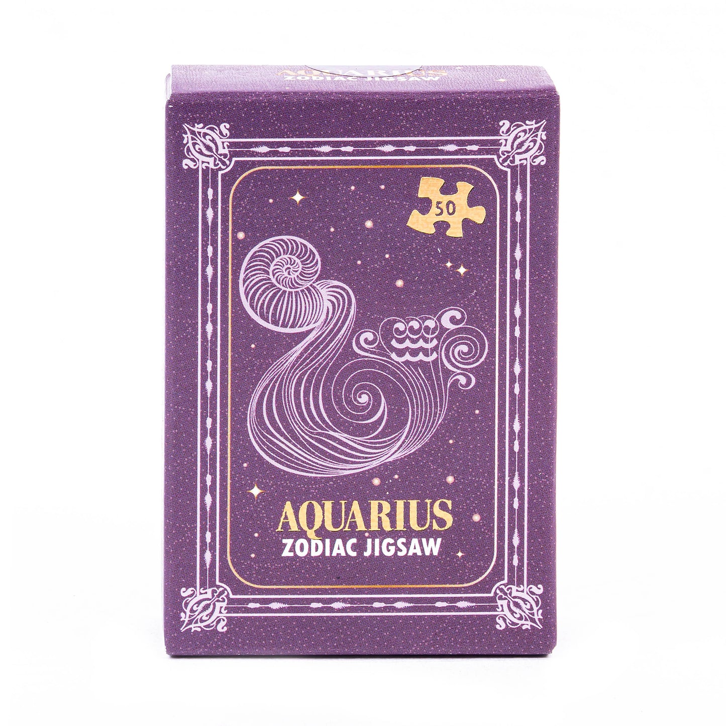Purple packaging of Aquarius zodiac jigsaw puzzle on a white background