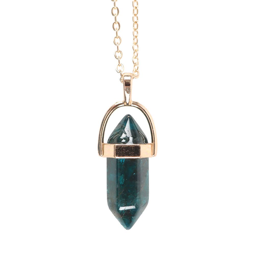 Necklace with a green crystal pendant on a white background