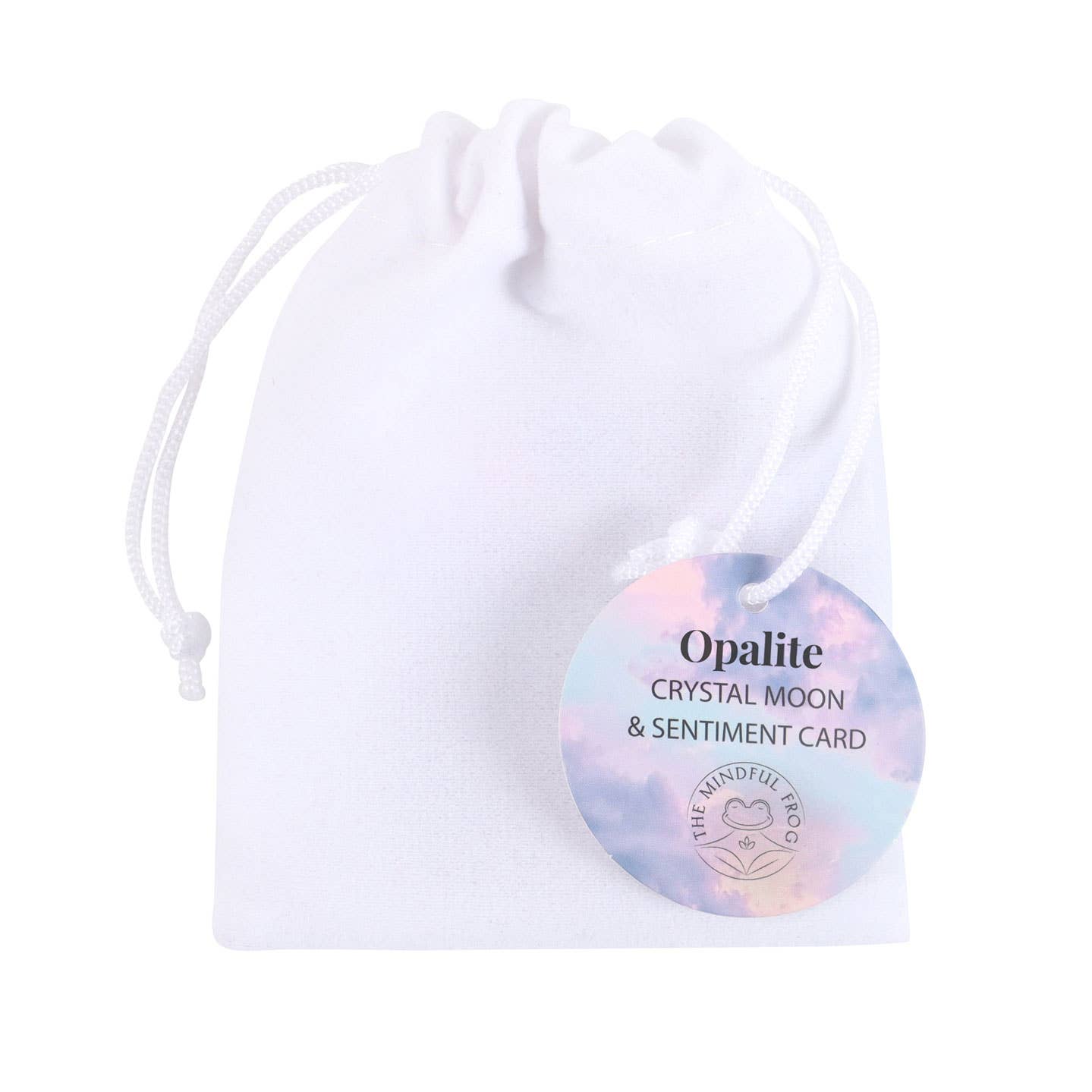 Opalite crystal moon and sentiment card packaging on a white background