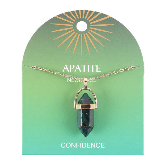 Necklace with apatite pendant on a green card with 'Apatite' and 'Confidence' text.