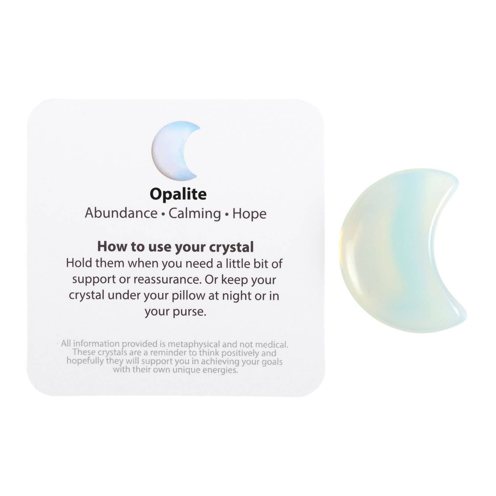 Opalite crystal with descriptive text on a white background