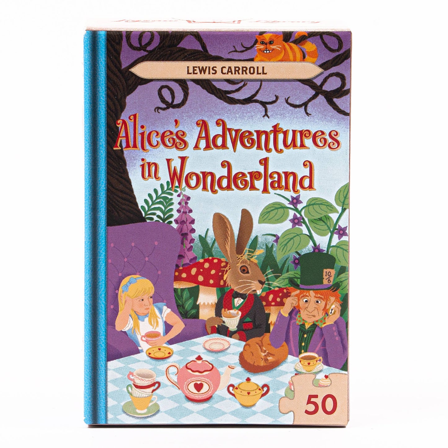 Alice is sitting next to the March Hare and the Hatter at a table on the middle of a forest. The table has teacups and saucers on it. Blues, greens and purple colouring.
