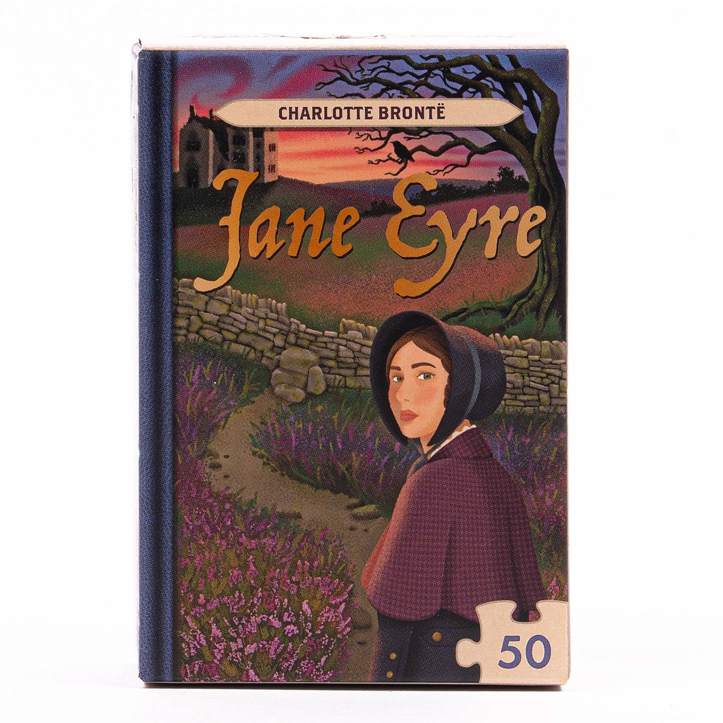 A Jane Eyre themed jigsaw puzzle with colours of maroons and purples. A woman is looking back at the viewer and in front of her is a path surrounded by lavender that is blocked by a low brick wall and behind that wall is a house in the distance.