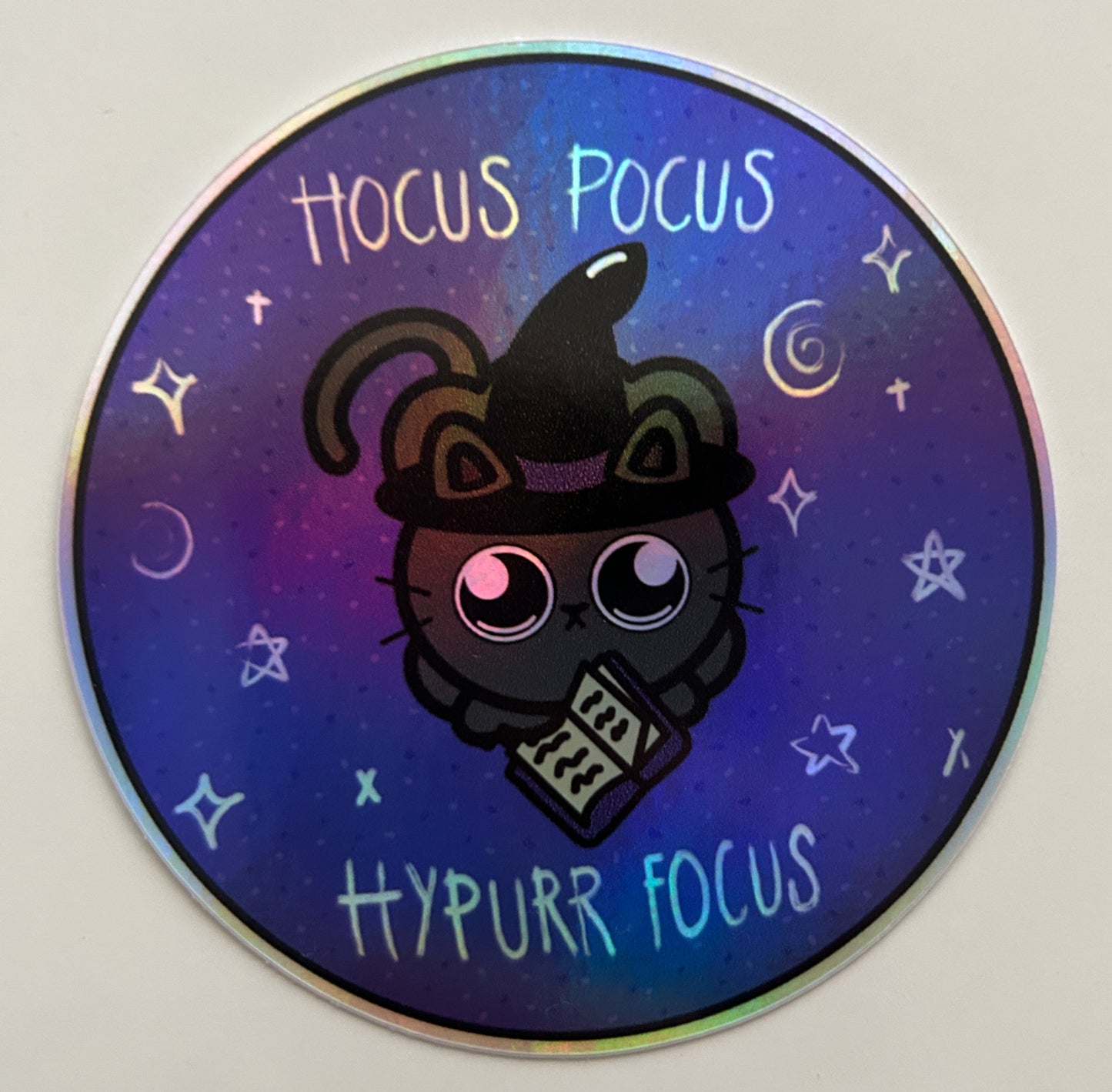 Hocus Pocus Hypurr Focus Holographic Cat Sticker – Neurodivergent Pride