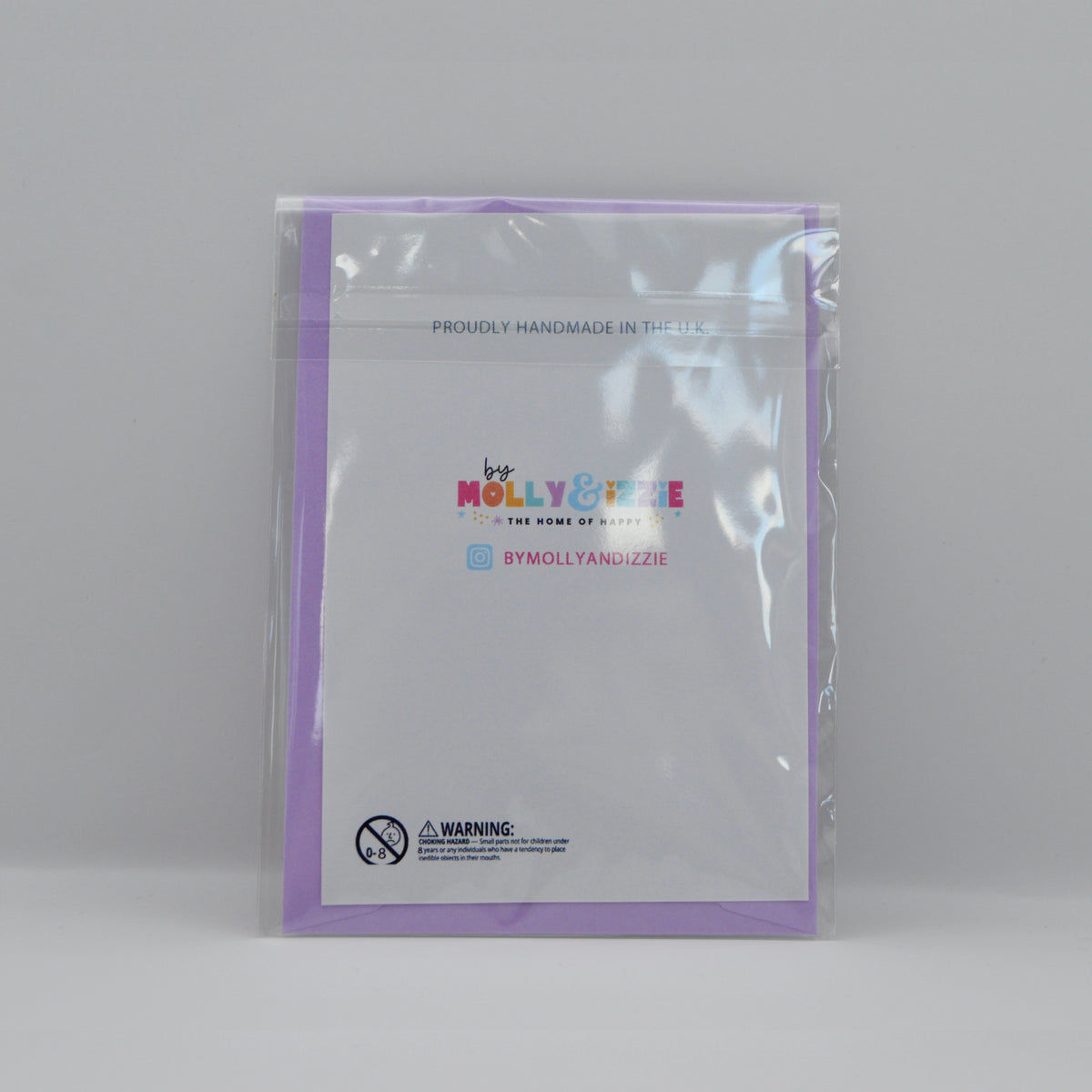 Amethyst for Health card backing design with brand name 'Molly&Izzie' displayed alongside a choking hazard warning in the lower left corner. 