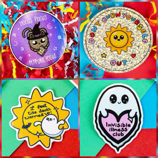 A collage grid showing 4 different sticker options on a colourful background. 