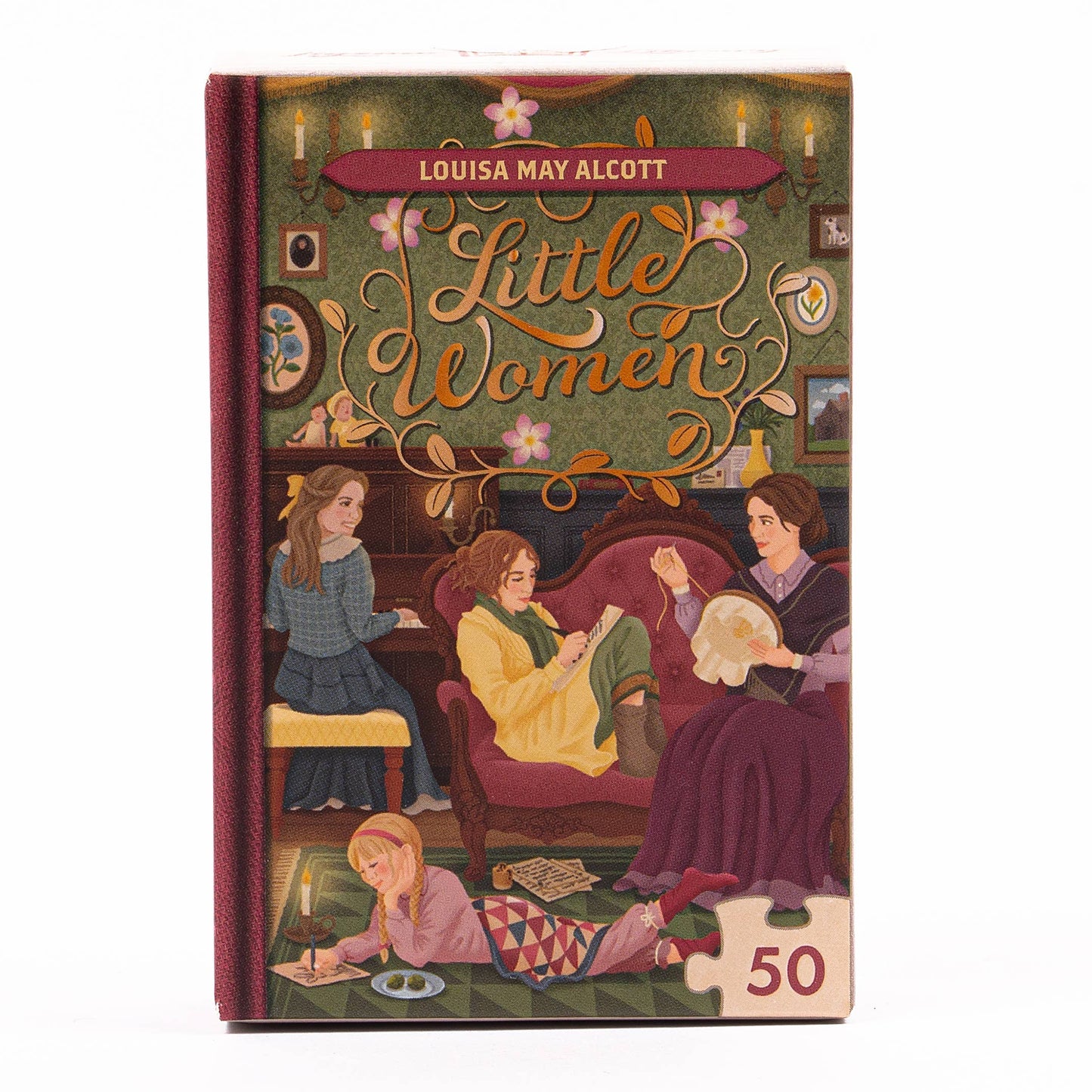 Little Women-themed jigsaw puzzle with colours of maroon and green. A group of women are lounging in a drawing room doing their own activities such as playing the piano, writing and embroidery. 