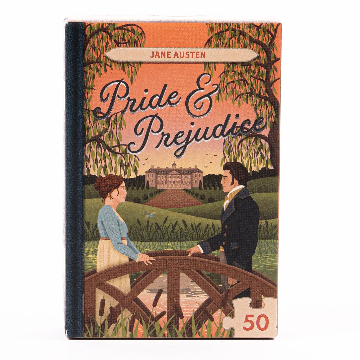 Pride & Prejudice themed jigsaw puzzle with colours of browns, oranges and greens. A man and a woman are stood on a bridge facing each other with a manor and grounds in the distance. 