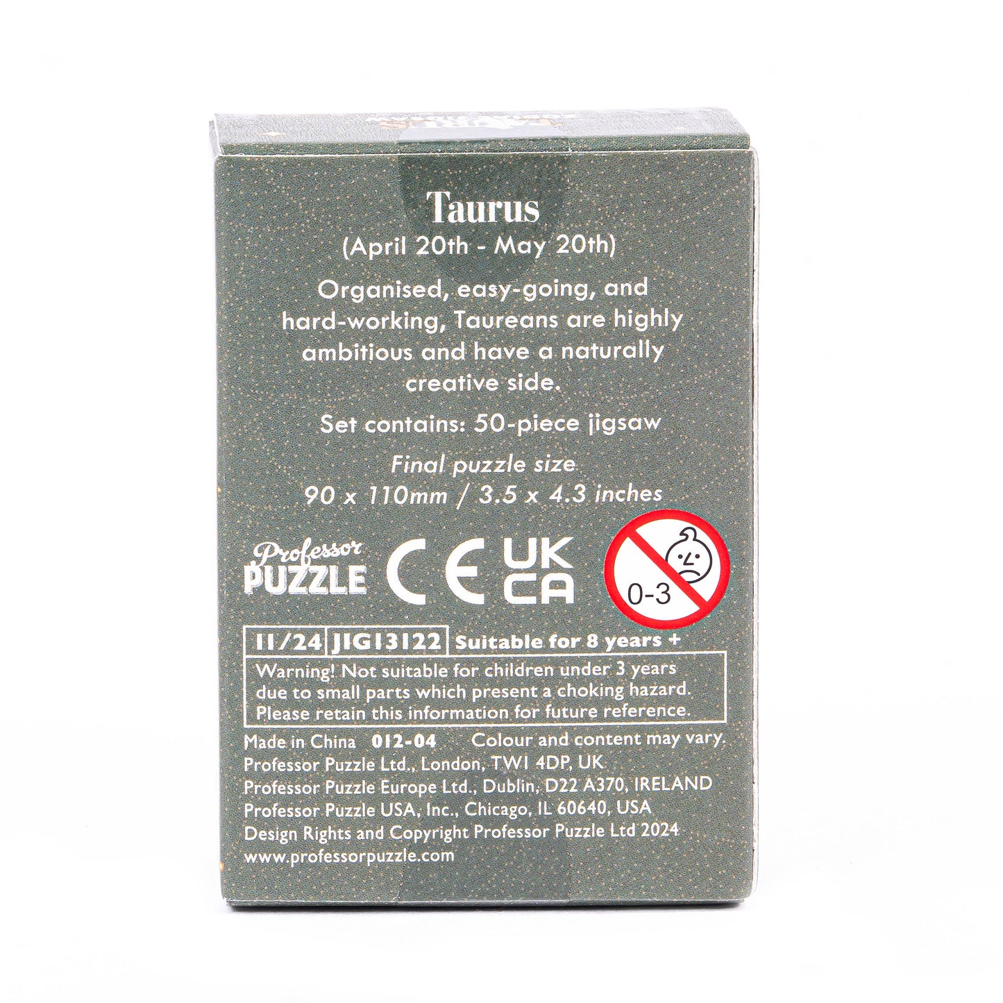Taurus-themed jigsaw puzzle box with text and branding on a white background