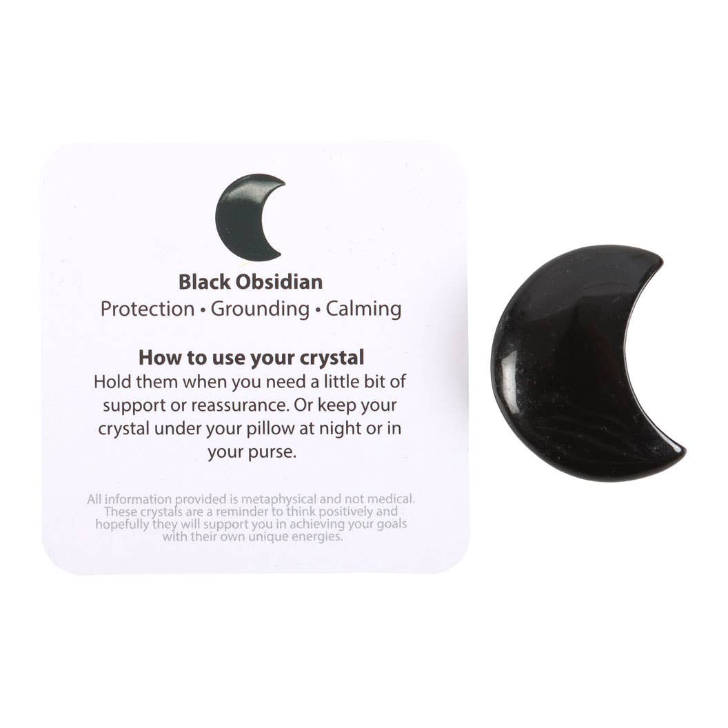 Black obsidian crystal in crescent shape with usage instructions on a white background