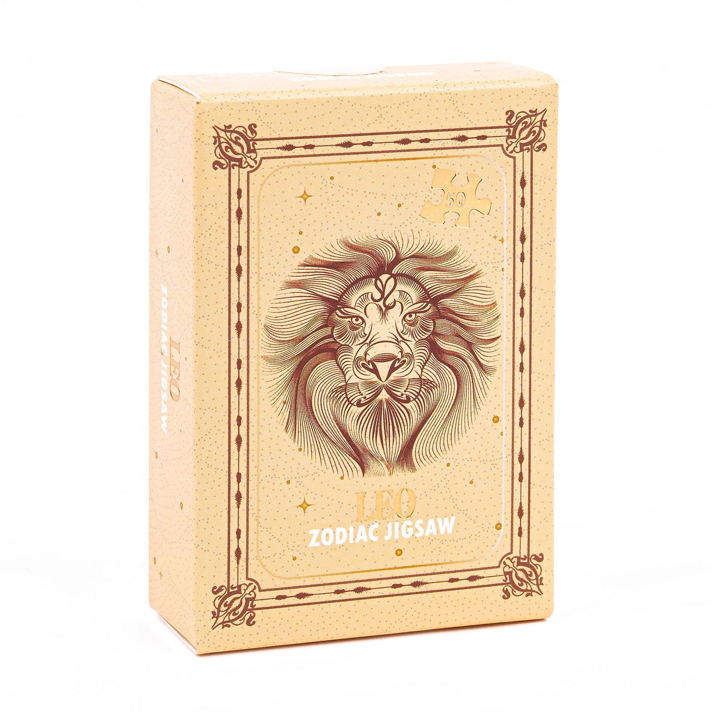 Zodiac Jigsaw puzzle box with a lion illustration on a beige background