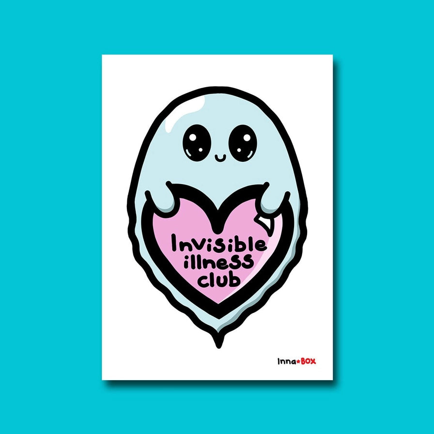 A white art print featuring a cute light blue ghost character with large black eyes holding a pink heart that reads 'Invisible illness club'. The print is displayed against a bright turquoise background, with the brand name 'Inna BOX' printed in small red letters at the bottom right of the artwork.