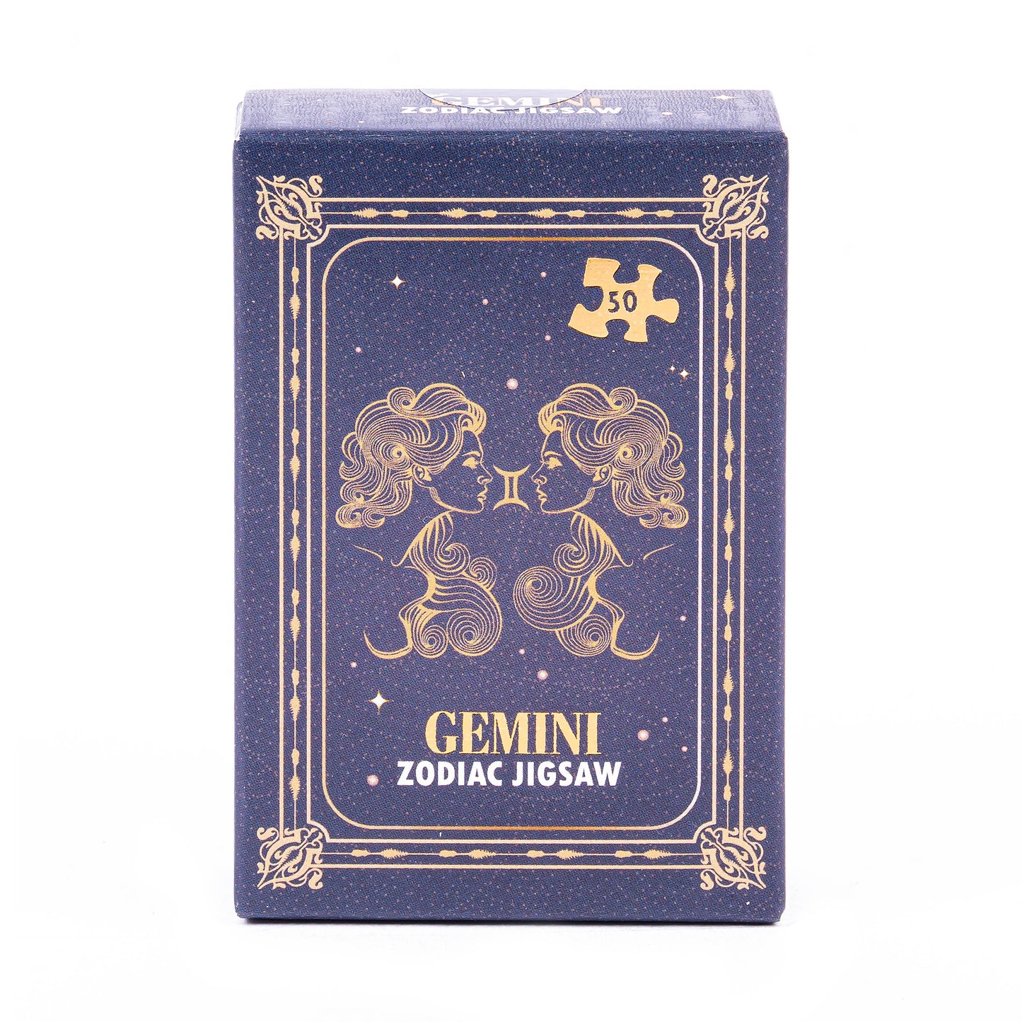 Zodiac Gemini jigsaw puzzle box with decorative design on a white background