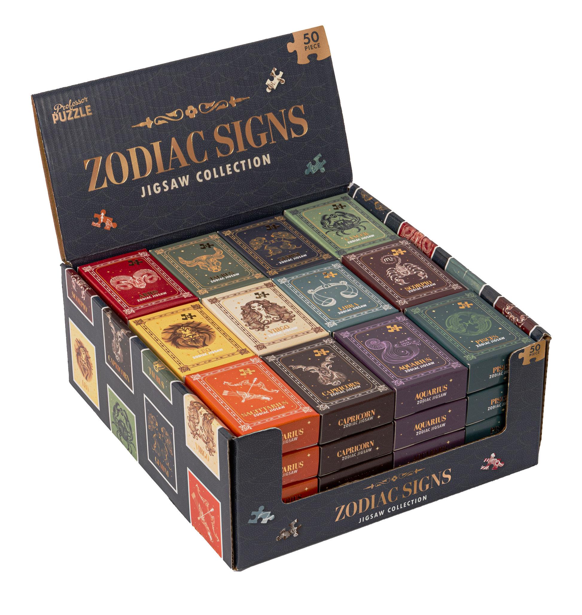 Display of Zodiac Signs jigsaw puzzle boxes with colorful designs on a white background