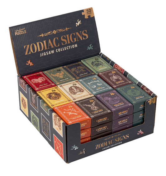 Display of Zodiac Signs jigsaw puzzle boxes with colorful designs on a white background